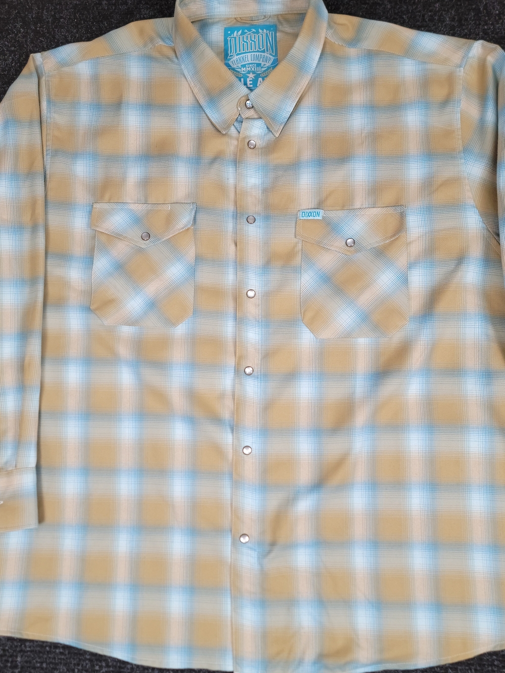 Dixxon Flannel Company Pale Ale Snap Shirt 4XL Tan Blue Plaid D-Tech Long Sleeve